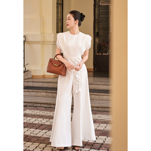 Women's Modern Elegant <b>White</b> High Waist Wide Flared Leg Full Length Loose Fit Zipper Fly Autumn Casual Office Pants MARINA - Product Image 5