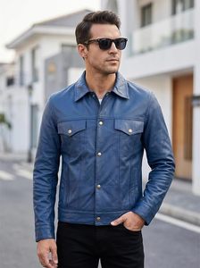 เสื้อแจ็คเก็ตหนัง PU สีน้ำเงินสำหรับผู้ชาย แบรนด์ Desire ปกคอพับ ติดกระดุม สวมใส่สบายๆ ในฤดูใบไม้ร่วง ความยาวปกติ สีพื้น - Product Image 2