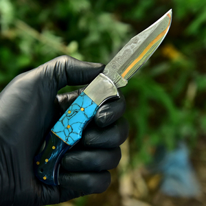 Couteau de poche en acier Damas à prix de gros, couteau pliant de camping avec manche en bois, vente en gros avec étui en cuir - Product Image 5