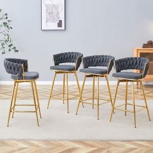 Set di Quattro Sgabelli da Bar Girevoli con Seduta Morbida in Cotone e Lino Nero, Gambe in Metallo Dorato Antiruggine e Resistenti all'Usura - Product Image 3