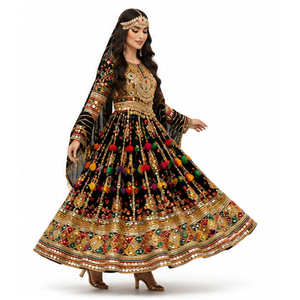 Vestido Étnico Tradicional Indio de Seda Negra Bordada, Largo hasta el Suelo, para Mujer, Corte Regular, para Todas las Temporadas, Vestido Étnico Afgano Kuchi - Product Image 6