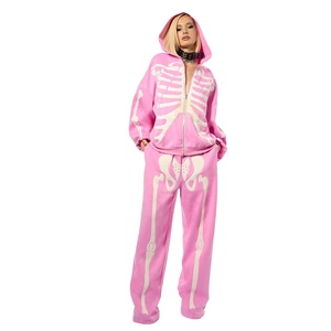 Wholesale Pink <b>Skeleton</b> Print Zip Up <b>Hoodie</b> And Jogger Pants Set Oversized Casual Y2K Tracksuit For Women - Product Image 3