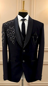 Men’s Black Tuxedo Blazer with <b>Sequin</b> Embroidered Shoulder | Designer Wedding Party Suit <b>Jacket</b> with Shawl Lapel - Product Image 2