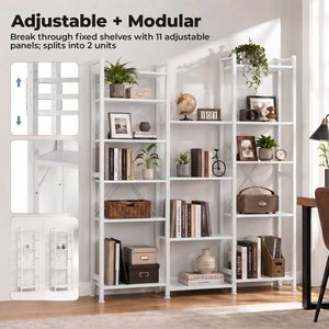 Three Column Four Layer Bookshelf Wide Modern Bookcase with 11 <b>Adjustable</b> Open <b>Shelves</b> Metal Frame - Product Image 3