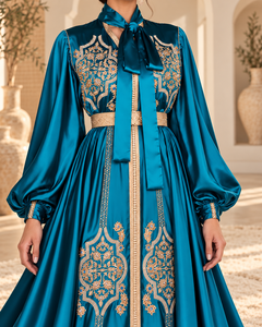 Caftán Marroquí Elegante de Terciopelo Verde Pavo Real Mishkat Couture con Bordado Dorado, Mangas Largas, Cuello en V, Vestido Maxi, Pañuelo para Fiesta Musulmana - Product Image 1