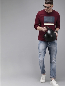 Camisa Casual para Hombre, Color Granate, Manga Corta, Sin Cuello, con Estampado Frontal, 100% Algodón, Transpirable, Verano, ODM - Product Image 1