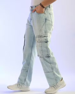 Pantalon large en coton uni, coupe ample, délavé clair, bleu glace, délavé moyen, noir délavé, gris délavé à l'acide, gris délavé à la pierre, blanc, beige - Product Image 4