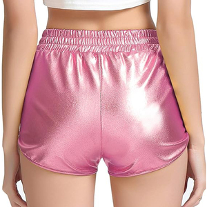 <b>Light</b> Pink Metallic Shorts Women Wide Elastic Smocked Waist No Drawstring Side Pocket Glossy Shiny <b>Rave</b> - Product Image 4