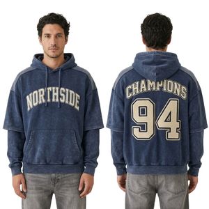 Custom Northside Graphic <b>Short</b> <b>Sleeve</b> <b>Hoodie</b> Cotton Fleece Navy Acid Wash Oversized Collegiate Streetwear Hoodies - Product Image 3