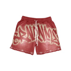 Women 420 GSM Cotton Fleece Acid Wash Shorts <b>Red</b> <b>Spray</b> <b>Paint</b> Graphic Puff Print Rhinestone Custom Logo women's shorts - Product Image 1