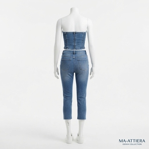 <b>Women</b> Blue Denim Tube Top And <b>Cropped</b> <b>Jeans</b> Set Strapless Two Piece Casual Summer Matching Outfit Streetwear Fashion - Product Image 4