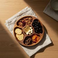 Plateau de service rond en bois massif fait main, à 5 compartiments, pour collations, noix, fruits, décoration de table, art pour la maison