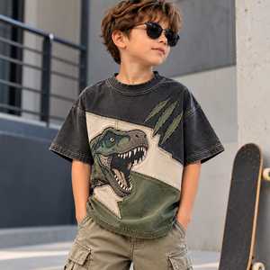 T-shirt graphique surdimensionné pour garçons, streetwear décontracté pour enfants, haut en coton à manches courtes et col rond, imprimé dinosaure, jeep, montagne, aventure - Product Image 3