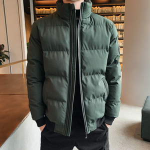 Men's Stand Collar Puffer Jacket Solid Color Zipper Closure Windproof <b>Thick</b> Polyester <b>Winter</b> Casual <b>Coat</b> - Product Image 1