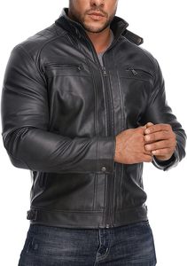 Men Black PU Leather Moto <b>Biker</b> <b>Jacket</b> Zipper Front Stand Collar Regular Sleeve Solid Color Autumn Style Windproof - Product Image 6