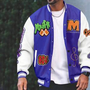 Veste de baseball pour homme en chenille patchwork personnalisée, veste bomber bleu uni avec manches en cuir crème, streetwear - Product Image 1