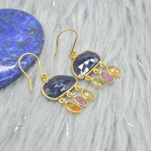 Beautiful Raw Blue Tourmaline Gemstones 925 <b>Sterling</b> <b>Silver</b> <b>Earring</b> Jewellery Cut Short <b>Dangle</b> <b>Earrings</b> For Women Daily Wear - Product Image 1