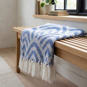 Soft Blue Cotton Woven Throw <b>Blanket</b> with Fine Linear Pattern and Fringe for Bedroom Sofa and Calm Coastal Interior Styling - Product Image 2