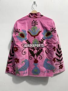 Pink <b>Velvet</b> Sheep Skin Embroidered Blazer Mandarin Collar Full Sleeve Handwork <b>Women's</b> Autumn Winter <b>Jacket</b> - Product Image 5