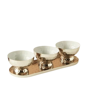 ชุดชามสแตนเลสทรงกลม 3 ใบ พร้อมถาด ลายตอกสีทองโบราณ ตกแต่งสวยงาม - Product Image 1
