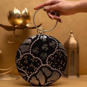Black And Golden Round Embroidery Clutch Luxury Wedding Evening <b>Handbag</b> for Women Occasions - Product Image 1
