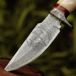 มีดล่าสัตว์ทำมือจากเหล็กดามัสกัส ขนาด 10 นิ้ว มีดเอาตัวรอดใบมีดปลายแหลม ด้ามไม้โรสวูดประดับมุก พร้อมปลอกมีดและปลายด้ามทำจากเหล็กดามัสกัส - Product Image 3