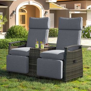 GO Patio Recliner Loveseat sedia schienale regolabile in vimini da esterno poltrona Set braccioli legno Acacia tavolo portaoggetti incorporato - Product Image 2