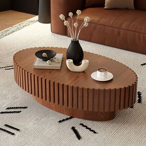 Tavolino da Caffè Ovale in Legno Artigianale con Robusto Piedistallo a Forma di Oliva per Soggiorno - Product Image 4