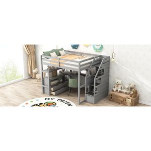 Letto a soppalco a grandezza naturale con scala contenitore grigia, scrivania, scaffali e due cassetti integrati per bambini - Product Image 5