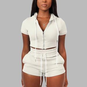 <b>Top</b> Trending 100% Cotton French Terry Knitted Women's Crop Hoodie & Elastic Waist Shorts Skinny Fit Short Length Two Piece Sets - Product Image 6