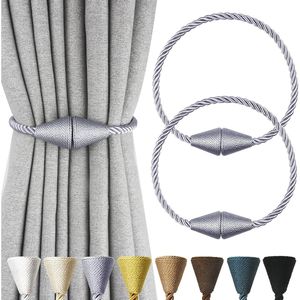 Set di 2 Moderne Fascette Magnetiche Grigie Fatte a Mano per Tende, Decorative, in Tessuto Intrecciato, per Finestre, con Corda Decorativa per Aste e Binari - Product Image 1