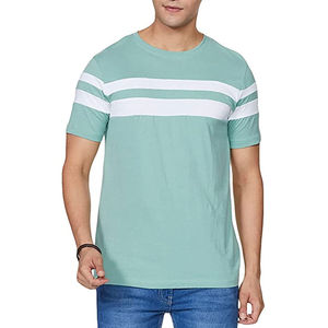 Men’s Light Green Striped Cotton T-<b>Shirt</b> Short Sleeve Crew Neck Casual Regular Fit Knit Top Contrast Detail Breathable Soft - Product Image 2