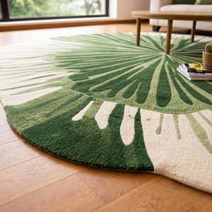 Tapis rond moderne à motif botanique de feuilles de palmier tropicales, antidérapant, pour salon, en forme originale, vert et crème - Product Image 6