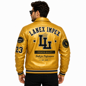Custom Gold Leather Varsity Jacket for Men Luxury Letterman Bomber Jacket with Embroidered Chenille Patches OEM ODM Wholesale - Product Image 4