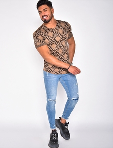 Camisa Casual de Punto de Manga Corta con Estampado Geométrico para Hombre, Cuello en V, Estilo Veraniego - Product Image 1