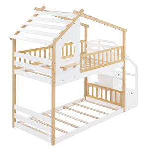 Letto a castello singolo + singolo Natural + White con contenitore e sponda di protezione, letto a casetta per bambini (Vecchio SKU LT000308AAK) - Product Image 5