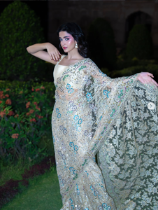 SADIA AUN HUTE COUTURE Saree en soie - Jardins sous la lumière de la lune - Anika Zulfiqar se souvient de la chanson d'amour oubliée - Rose - Évacuation de l'humidité - Product Image 2