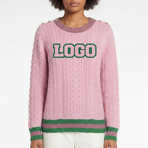 <b>Custom</b> Pink Knitted Women's Cardigan Anti-Pilling Embroidered Logo Contrast Color Trim O-Neck Long Sleeve Panelled Autumn - Product Image 3
