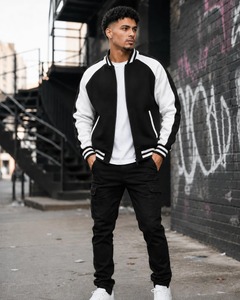 <b>Men's</b> Black And <b>White</b> Varsity <b>Jacket</b> Zipper Closure Casual Style Autumn Wear Regular Fit Solid Color Polyester Material - Product Image 3