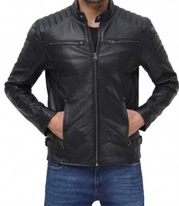 High Street Style Coated Windproof Cow Skin Leather Varsity <b>Jacket</b> Stand Collar Front Fashionable Sustainable for Autumn Men - Product Image 3