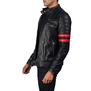 Chaqueta de Motociclista de Cuero Genuino con Diseño de Rayas Rojas, Corte Ajustado, Bolsillos con Botones, Estilo Bomber, Cuero de Grano Completo - Product Image 5