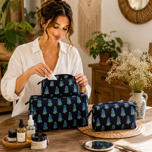 Juego de 3 Bolsas Organizadoras de Viaje de Algodón Premium, Acolchadas, con Estampado Floral Azul de Jaipur, Impermeables, para Maquillaje y Artículos de Aseo - Product Image 5