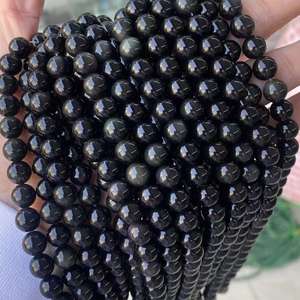 Perles rondes lisses en obsidienne noire naturelle, perles d'obsidienne en vrac pour la fabrication de bijoux, fournisseur en gros de pierres précieuses - Product Image 3