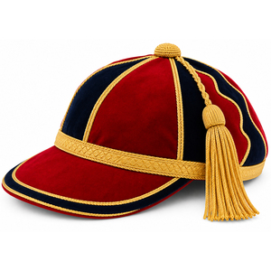Casquette d'honneur en velours rayé rouge marine avec passepoil tressé doré et pompon, casquette classique pour équipes scolaires, sportives, cérémonies et récompenses, casquette personnalisable avec logo - Product Image 1