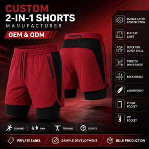 Men's Red Two <b>Layer</b> Sport Shorts With Drawstring And Zip Pockets Custom Logo Front - Product Image 5