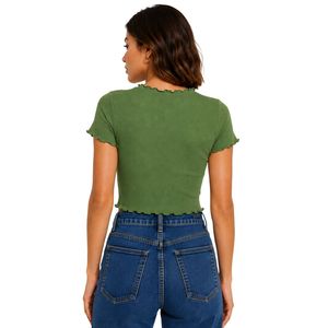 Olive Green Ribbed Crop <b>Top</b> Women Short Sleeve Lettuce Trim Crew Neck Cotton Spandex Slim Fit Casual Summer T Shirt Custom OEM - Product Image 2