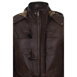 Custom 100% Genuine Lambskin Napa Leather <b>Men's</b> <b>Duffle</b> <b>Coat</b> Brown Hooded Toggle Trench Jacket Winter Overcoat Wholesale Supplier - Product Image 5