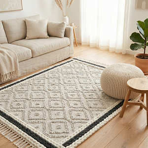 Tapis Bohème Géométrique Très Demandé, Tapis de Sol Bohème Tressé à la Main à Prix Abordable avec Franges, Tapis de Salon à Poils Moyens - Product Image 1