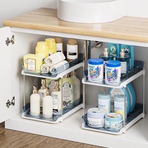 Organisateur de placard à pharmacie coulissant à 2 niveaux, rangement polyvalent pour salle de bain et cuisine, organisation empilable pour évier et garde-manger - Product Image 3