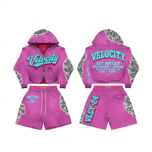 Premium 320 GSM Cotton Fleece Pink Rhinestone Hoodie And <b>Shorts</b> Set Puff Print <b>Patches</b> Hoodie <b>Short</b> Set <b>men's</b> - Product Image 5